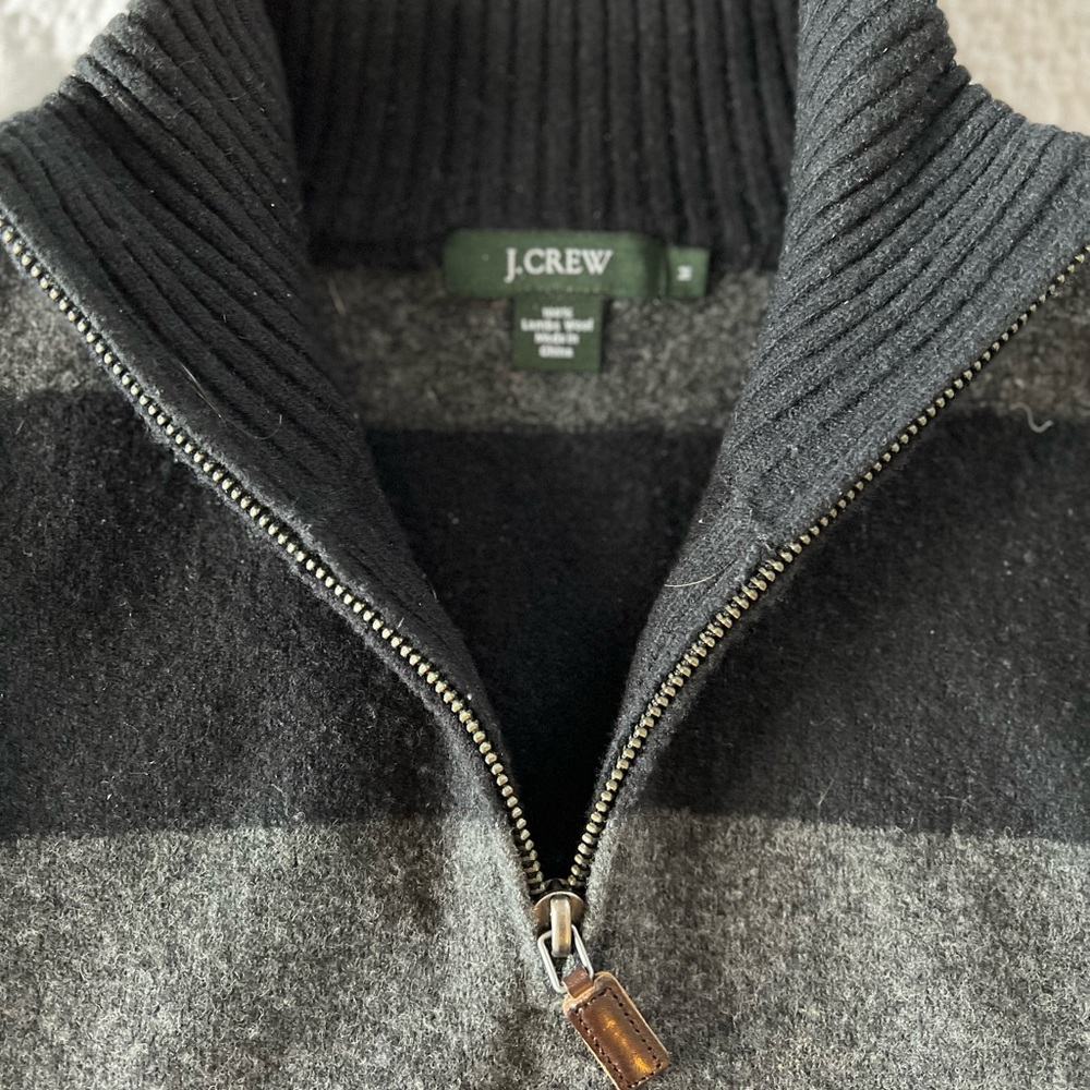J. Crew 100% Lambs Wool Sweater Black and Grey Block Stripe